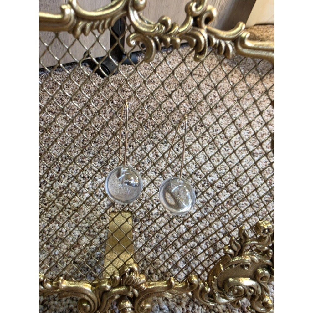 Gold Clear Round Dangle Drop Earrings Glass Bead Long Hook Metal Jewelry - Picture 2 of 3